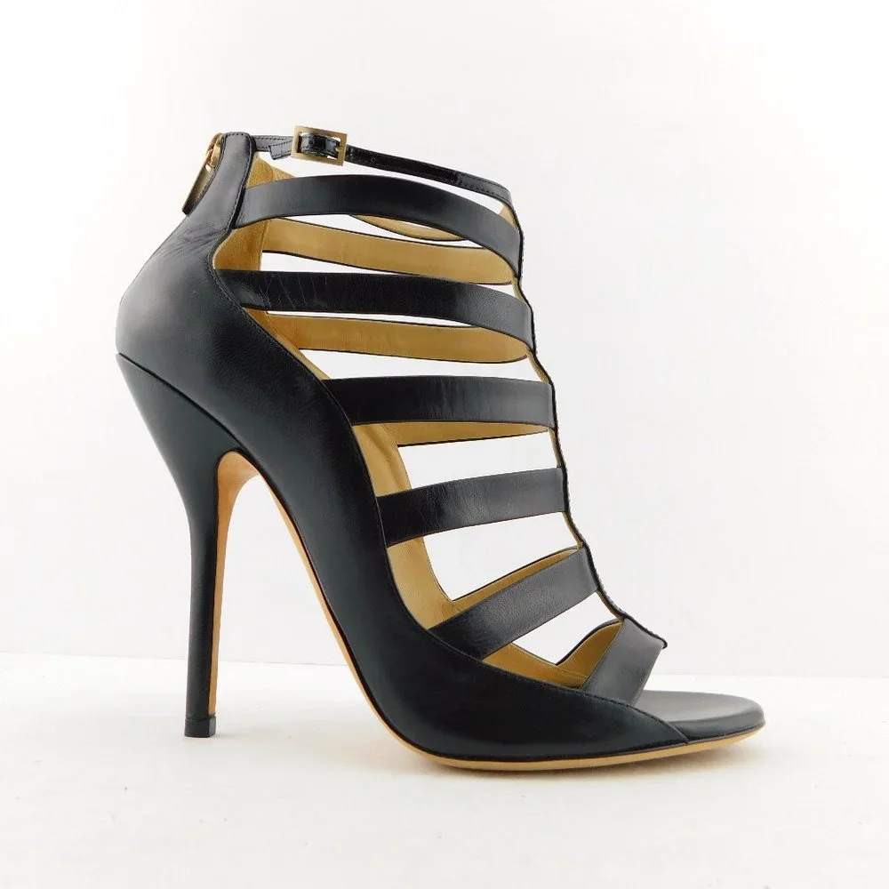 JIMMY CHOO Black Leather Caged Open Toe Bootie Heel Pumps 41